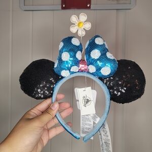 Disney Sequin Classic Minnie Mouse Ears Headband With Blue Bow & Polka Dots NWT